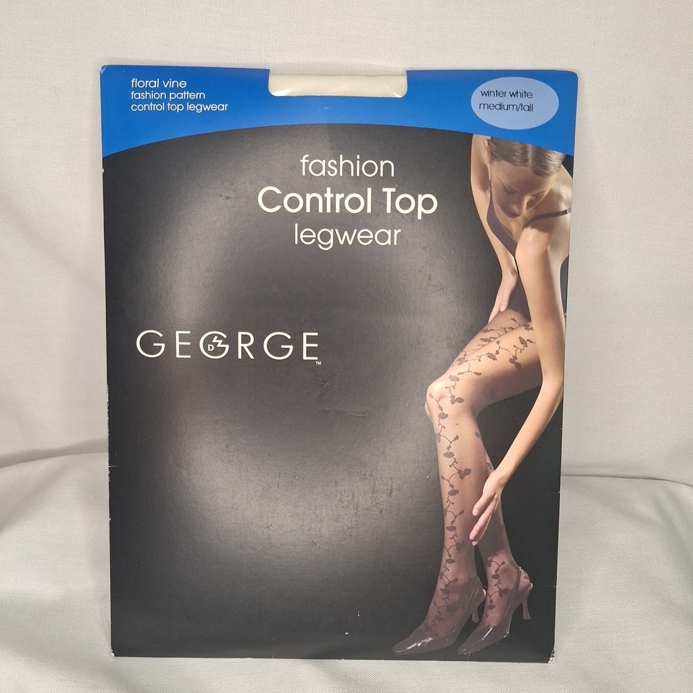 George‎ Med Tall Rose Floral Vine Control Top Hose Legwear Winter White Fashion